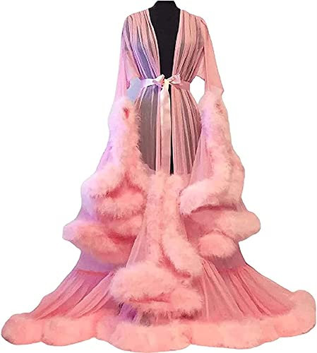 BIUGED Femmes Mesh Flare Sleeves Tulle Plume Old Hollywood Feather Robe See-Through Sexy Feather Robe Mesh Sheer Lace for Enceinte Nightgown Bachelorette Party (Color : Pink, Size : One Size)