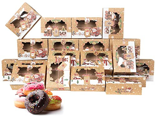 CUSWARE 24 Stück Weihnachts Kekskästen Boxen, 4 Art Entwurf Geschenkboxen Weihnachten Plätzchen Cupcake Boxen mit Sichtfenster Anhänger, Seil und Tags, für Weihnachten Brot Kekse Schokolade