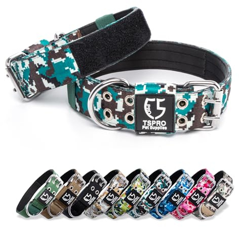 TSPRO Collier Tactique Chien Collier Chien avec Boucle en Métal et Patchs, Reglable Collier de Chien Épais et Solide pour Les Chiens de Grande à Très Grande Taille (Camo Cyan L)