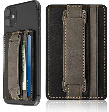 Cobee Cell Phone Card Holder Pouch Self-Adhesive Phone Kickstand with Elastic Band Stick on Wallet Card Holder for Back of Phone Case Leather ID Card Holder Sleeve Pouch (Black)