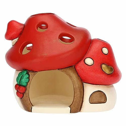 THUN - Tealight Casetta a Forma di Fungo in Ceramica Decorata a Mano, Linea Bosco Magico, 12x9.8x10.4 cm h