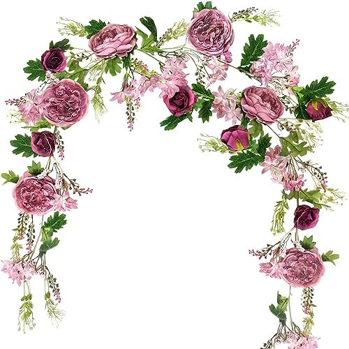 OrgMemory Peony Flower Garland, 180cm, Rose Garland Artificial Flowers, Artificial Flower Garlands for Weddings Home Table Runner Mantle Party Decorations (Dusty Peony Garland)
