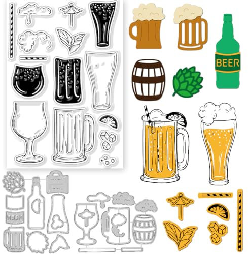 GLOBLELAND Beer Clear Stamps and Cutting Dies Beer Stamps and Embossing Die Cuts Silicone Stamp Cards and Metal Cutting Die for Card Making and DIY Embossing Scrapbooking
