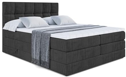 ALTDECOR Boxspringbett mit Matratze und Lattenrost, Topper, Polsterbett mit Bettkasten, Bett mit Stauraum H3- und H4- Matratze, Doppelbett, Springboxbett RICAR King 180x200 - Schwarz Samt