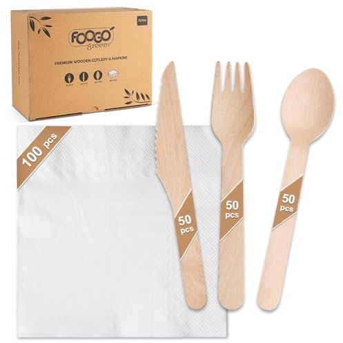 FOOGO Green 250pcs Disposable Wooden Cutlery and White Napkins, FSC® Certified, 50x Forks, 50x Knives, 50x Spoons, 100x White Napkins, 2Ply Strong Paper Serviettes, Eco Cutlery Set, Biodegradable