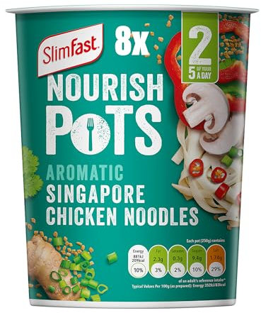 SlimFast Nourish Pot Aromatic Singapore Noodles, Ready Meal, Low in Sugar and Fat, Healthy Lunch and Low-Calorie Snack, Source of Protein, Instant Noodles, Multipack, 8 x 60 g