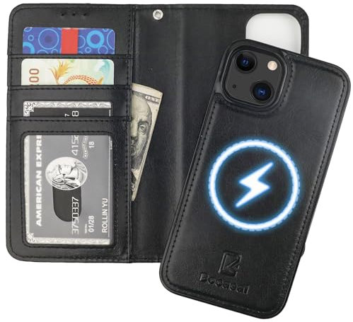 Bocasal for iPhone 13 Wallet Case Compatible with MagSafe Wireless Charging, RFID Blocking Magnetic Leather Case with Card Slots Holder Kickstand Detachable Wrist Strap 6.1 Inch (Black)