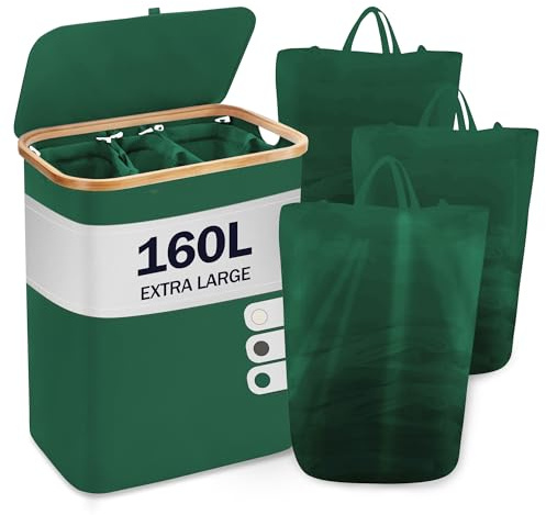 YOUDENOVA Wäschekorb mit Deckel 3 Fächer 160L Wäschesammler mit 3 Wäschesäcke Groß faltbarer Wäschesortierer Holz Bambus Wäschetruhe hoch Laundry Baskets, Grün