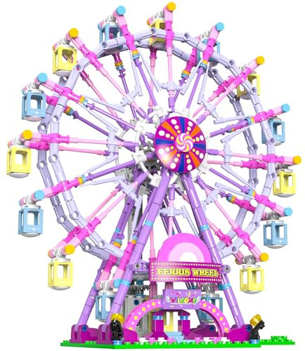 JDMDKB Rotierendes Riesenrad Bauklötze Kit, mit Lichtern Vergnügungspark Baukonstruktion Spielzeug Set für 8+ Kind and Erwachsen (Rosa)