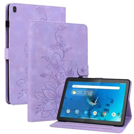 LMFULM® Étui pour Lenovo Tab M10 TB-X505F/X605F (10,1 Pouces) PU Cuir Flip Coque Protection avec Support Housse Case Portefeuille Cover Lotus Impression Pourpre