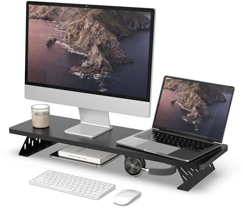 Fenge Monitor Stand Riser for Desk Large Computer Monitor Stand for 2 Monitors Wood Desk Organizer Stand for PC, Laptop, Printer, TV Screen (Black, 80CM)