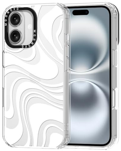 MOSNOVO Case for iPhone 16, [Buffertech 6.6ft Military-Grade Drop Protection] [Anti Peel Off Tech] Clear TPU Bumper Phone Case Cover Design - White Swirl