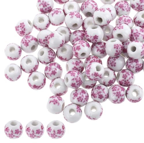 JJUNW 100 Stück Keramikperlen 10mm, Perlen zum Auffädeln Bastelperlen Blumen Muster DIY Keramik Perlen, Bunte Perlen Auffädeln für DIY Schmuck Arts Crafts Halskette Armreifb Armband(Rosa)