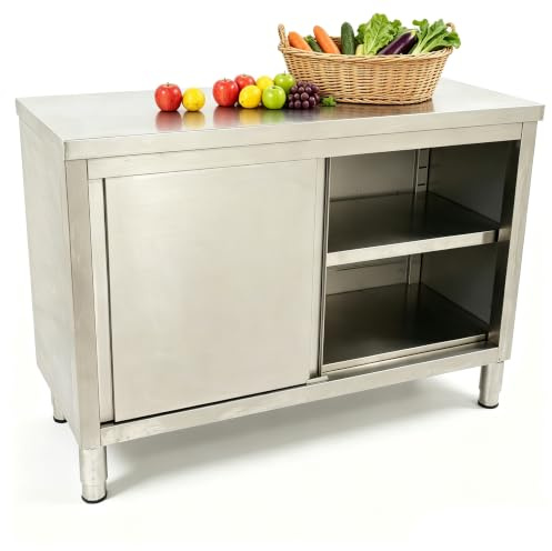 Atnhyruhd Edelstahl-Tisch mit Türen Schiebetüren Kommerzieller Arbeitstisch mit Unterschrank Küchen Arbeitstisch Schrank Edelstahl 120 * 50cm Silber