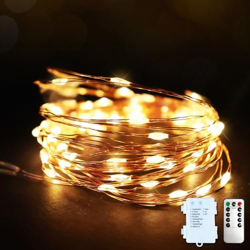 ANSIO Fairy Lights Battery Operated 100 LED Copper Wire Indoor Outdoor Christmas Lights with Remote, 8 Functions, 10m/33ft String Lights, Christmas Tree, Party, Wedding Decorations-Warm White