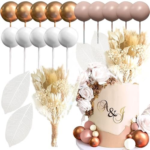 JeVenis Beige Kugeln Boho Tortenaufleger Torte Blumen Dekorationen Boho Torte Dekorationen Blumentorte Topper Blumentorte Topper für Hochzeit Babydusche Geburtstag Party