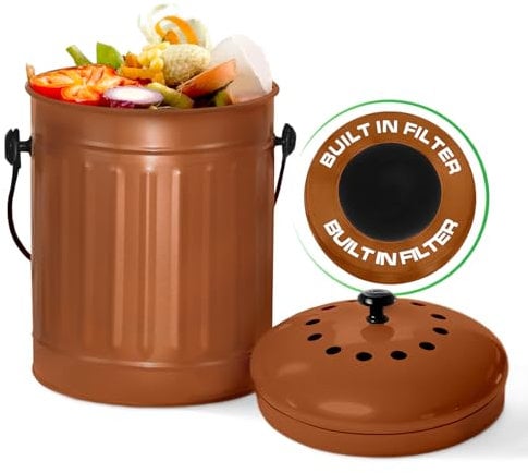 Plexon Copper 1.5 Gallon Odorless Kitchen Compost Bin with Lid, Indoor Compost Bin, Steel Food Compost Bucket with Charcoal Filter