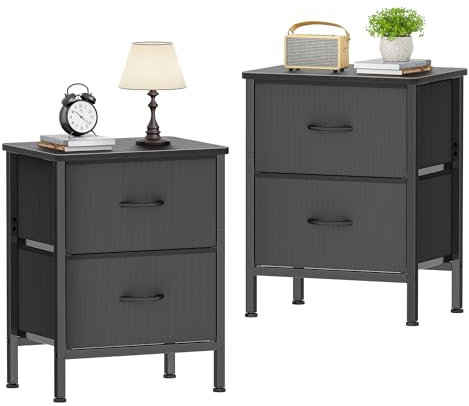 HOMIDEC Nachttisch 2er Set, Beistelltisch mit Metallrahmen und 2 großen Stoffschubladen für Schlafzimmer, Wohnzimmer, 42 x 30 x 55 cm, Schwarz