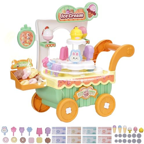 Helado de juguete 38pcs carrito de la compra para niños con piruletas,chocolate,helado,donuts,música,juego de rol carrito de la compra playset juguete educativo regalo para niños de 3+ años(Verde)