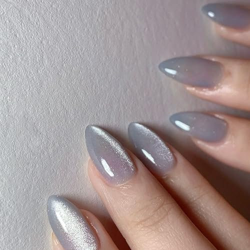 Cat Eye False Nails - 30PCS Almond Press On Nails - Glossy Grey Glitter Stick on Nails - Full Cover Medium Fake nails with Glue - Acrylic Cat Eye nails for Women