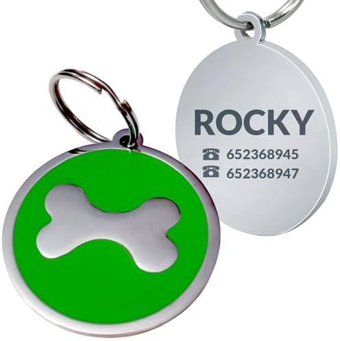 Chapa de Identificación Personalizada para Perros y Gatos – Placa Grabada de Acero Inoxidable con Nombre y Teléfono – Ideal para Mascotas Pequeñas, Medianas y Grandes (Redondo hueso verde 37 cm)