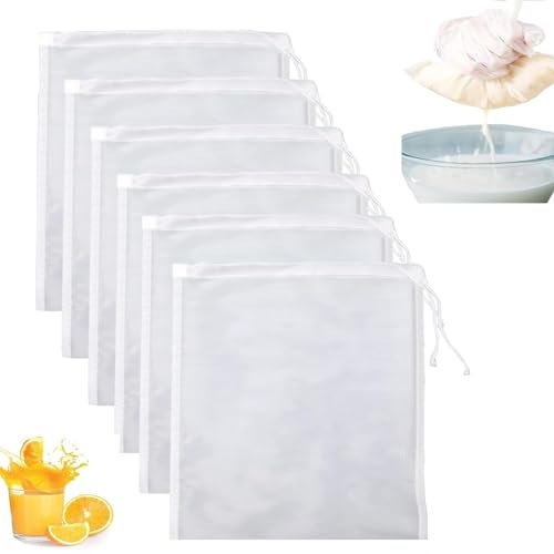 6PCS Reusable Fine Mesh Filter Bags - 200 Micron Nylon Straining Bags with Drawstring for Cold Brew Coffee, Cheese, Juice, Wine and Homebrew - Washable and Durable