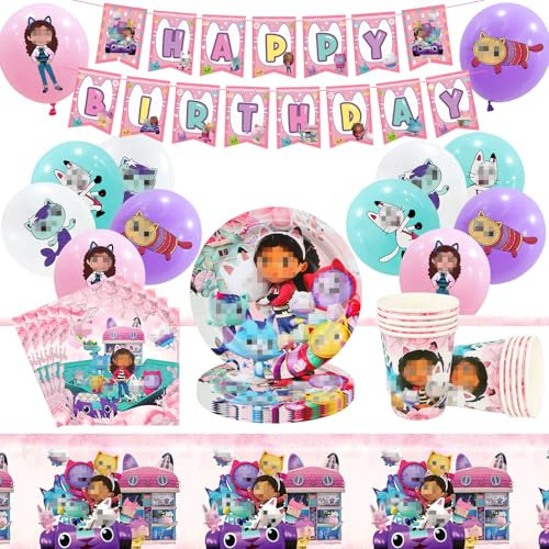 54 Pcs Kit Décoration Anniversaire Gabby, Ensemble Vaisselle avec Bannière, Assiettes, Gobelets, Serviettes, Nappe et Ballons - Décoration Fête d’Anniversaire pour Enfants (10 Personnes)