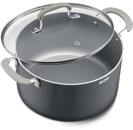 Pentola da 6 litri con coperchio, pentola BEZIA antiaderente in ceramica con coperchio, pronta per induzione, pentola grande con manico in silicone, compatibile con tutti i piani cottura, lavabile in