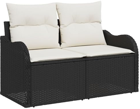 vidaXL Zeitgenössisches Outdoor-Sofa mit Stauraum Wetterfest Poly-Rattan & Polyesterkissen Schwarz und Creme Ideal für Balkon Terrasse Umwandelbar für mehrere Verwendungen Umwandelbare Sitzmöbel