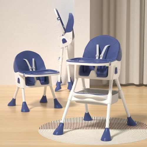 3-in-1 Convertible Baby High Chair, Adjustable Reclining Seat, 5-Point Harness, Removable Double Tray (Blue)
