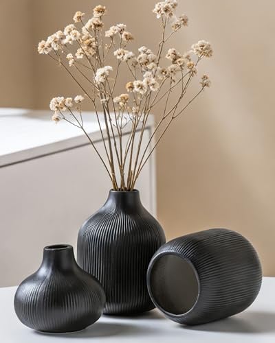 VASETOPIA Schwarz Keramik Vase 3 Stück, Nordischer Boho Blumenvasen Home Decor für Pampasgras, Bücherregal, Flur (15 Schwarz)