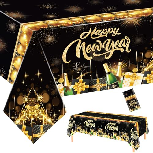 2026 Silvester Tischdecke, 137 x 274cm Schwarz und Gold Muster, Happy New Year Dekoartikel, Ideal für Frohes Neues Jahr Tischdekoration, Silvester Party Tischdecke