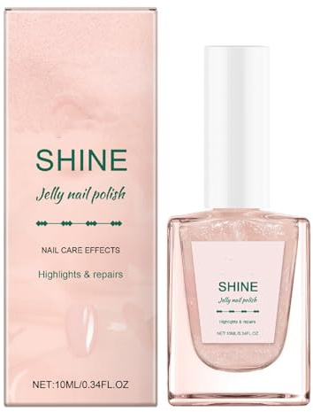 Shine Jelly Nail Polish & Strengthener - 2-in-1 Nude Pink Shimmer Highlighter, No Lamp Needed, Repair for Damaged Nails, Natural Glow Finish, Vegan & Long Lasting Varnish,10ml