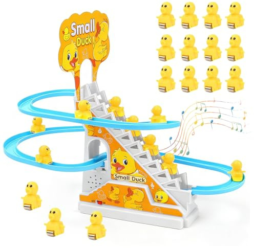 Umllpet Lot de 12 jouets électriques pour monter les escaliers et toboggans - Canard - Coaster russe avec lumières clignotantes et musique - Jouet pour enfants et bébés