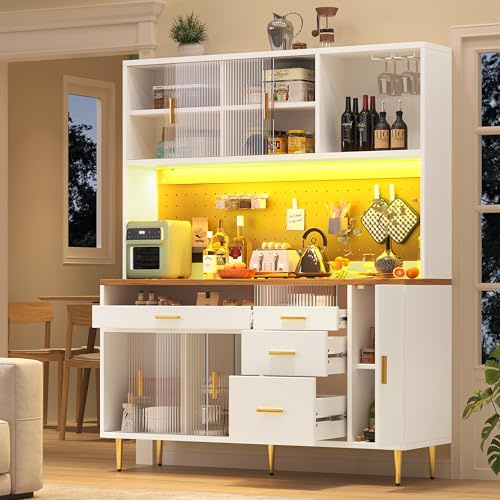 Kebnor Armarios altos para salón (145 x 24 x 171 cm), armario de cocina, comedor, armarios con iluminación LED, armario alto con estantes de pared perforados (blanco)
