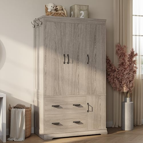 LIKIMIO Wardrobe Closet, 70 Tall 4 Doors Large Wooden Closet with 2 Drawers, 3 Shelves Bedroom Armoire with Hanging Rod, Freestanding Storage Cabinet for Hanging Clothes, Grey