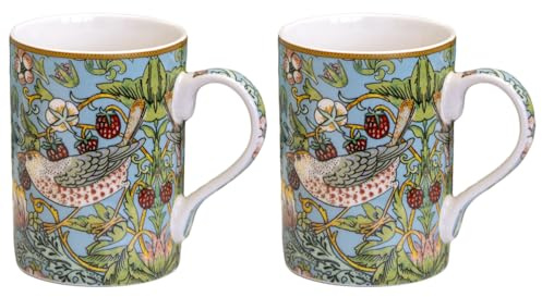 Darthome William Morris Teal Strawberry Thief Fine China Mug, Floral Design, 260ml, Dishwasher and Microwave Safe (2)