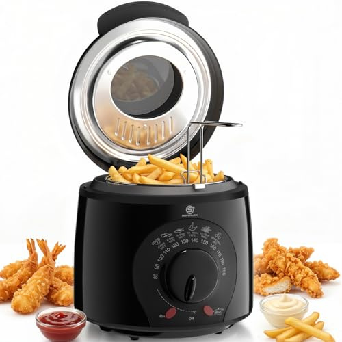 SUPERLEX Fritteuse Mit Öl 1L Mini Fritteuse 950W Mit Temperaturregelung | 0 bis 190 Grad Sichtfenster Edelstahlkorb Antihaftbeschichtung Für Pommes Chicken Nuggets Fisch und Snacks