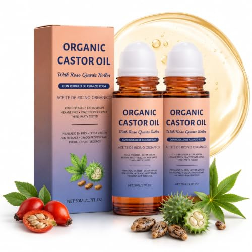 2 Stück Bio Rizinusöl Rosenquarz-Roller,mit Rizinusöl Bio Kaltgepresst Roller,Organic Castor Oil Rose Quartz Rollers Ball,Langanhaltende Feuchtigkeit Körperöl,Castor Oil Natürliche für Alle Hauttypen