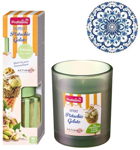 Pistachio Gelato - Set di 3 profumatori per ambienti, bastoncini profumati da 90 ml + candela profumata in barattolo (circa 40 ore di combustione) + sottobicchiere bonus per bicchieri, fragranza