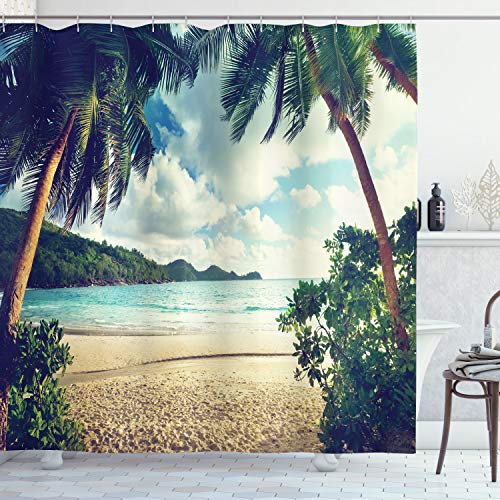 ABAKUHAUS Strand Duschvorhang, Sommer Vintage Tropische, Stoffliches Gewebe Badezimmerdekorationsset mit Haken, 175 x 200 cm, Dark Green Sand Brown