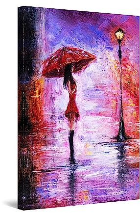 Startonight Impression Sur Toile Jour de Pluie Violet, Femme et Parapluie Rouge, Tableau Abstrait - Decoration Murale Salon Moderne - Image sur Toile - Grande 80 x 120 cm Idée Cadeau Élégante