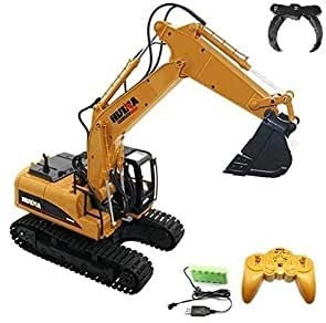 s-idee® Huina 18145 1535-50 Pelle à chaîne télécommandée avec fonction complète, pelleteuse avec télécommande et pince à bois télécommandée avec batterie et chargeur Huina (mise à jour 1550)