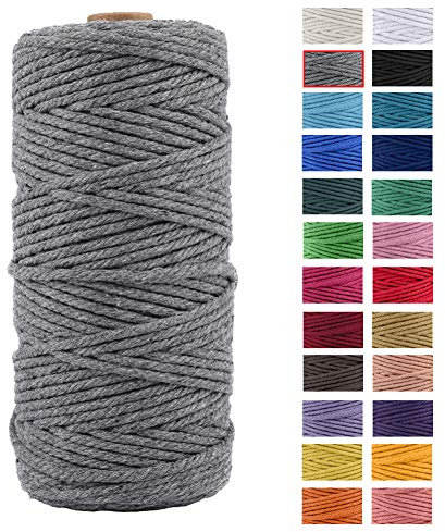 JeogYong Naturliches Baumwolle Garn, Baumwollgarn Makramee-Seil Weiches Baumwoll-Seil, zum Wandbehänge, Pflanzenhalter, Basteln, Heimtextilien, Geschenkverpackung 3mm x 109 Yards (Grau)