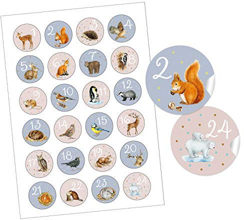 24 STICKER Adventskalender Zahlen TIERE ROSA BLAU Waldtiere Wintertiere für Adventskalender basteln Weihnachten Adventszeit Geschenke Kindergeburtstag Waldkindergarten Schulanfang Format 4 cm, rund