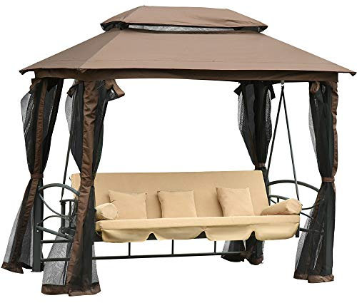 Outsunny Dondolo 3 Posti da Giardino Convertibile in Lettino con Gazebo, con Zanzariera e Cuscini, 257x175x240cm Cachi