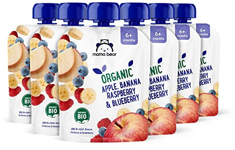 Marchio Amazon - Mama Bear Pouch Puree di mela, Banana, Lampone e Mirtillo Biologiche, Vegetariano, 90g, Confezione da 6
