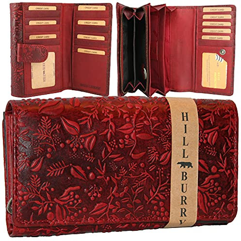 Hill Burry XXL mit RFID Schutz Geldbörse Portemonnaie, Portmonee aus Leder Frauen Damen Langbörse Geldbeutel Geldtasche Frauen Netz Design (Hill Burry Kollektion, rot)