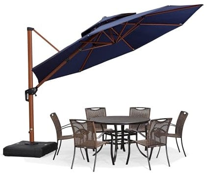 PURPLE LEAF Alu Holzoptik Ampelschirm Sonnenschirm Ø 365 cm Drehbar Neigbar Kippbar Gartenschirm Groß 360° Drehbar mit Kurbel Doppeldach, XXL, Marineblau