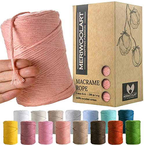 MeriWoolArt® Makramee Garn Rosa - Makramee Garn 3mm farbig 200m - Super weiches Garn, einfach gedrehte Makramee Schnur - Öko-Tex 100% recyceltes Baumwollgarn farbig - DIY Boho Deko Makramee